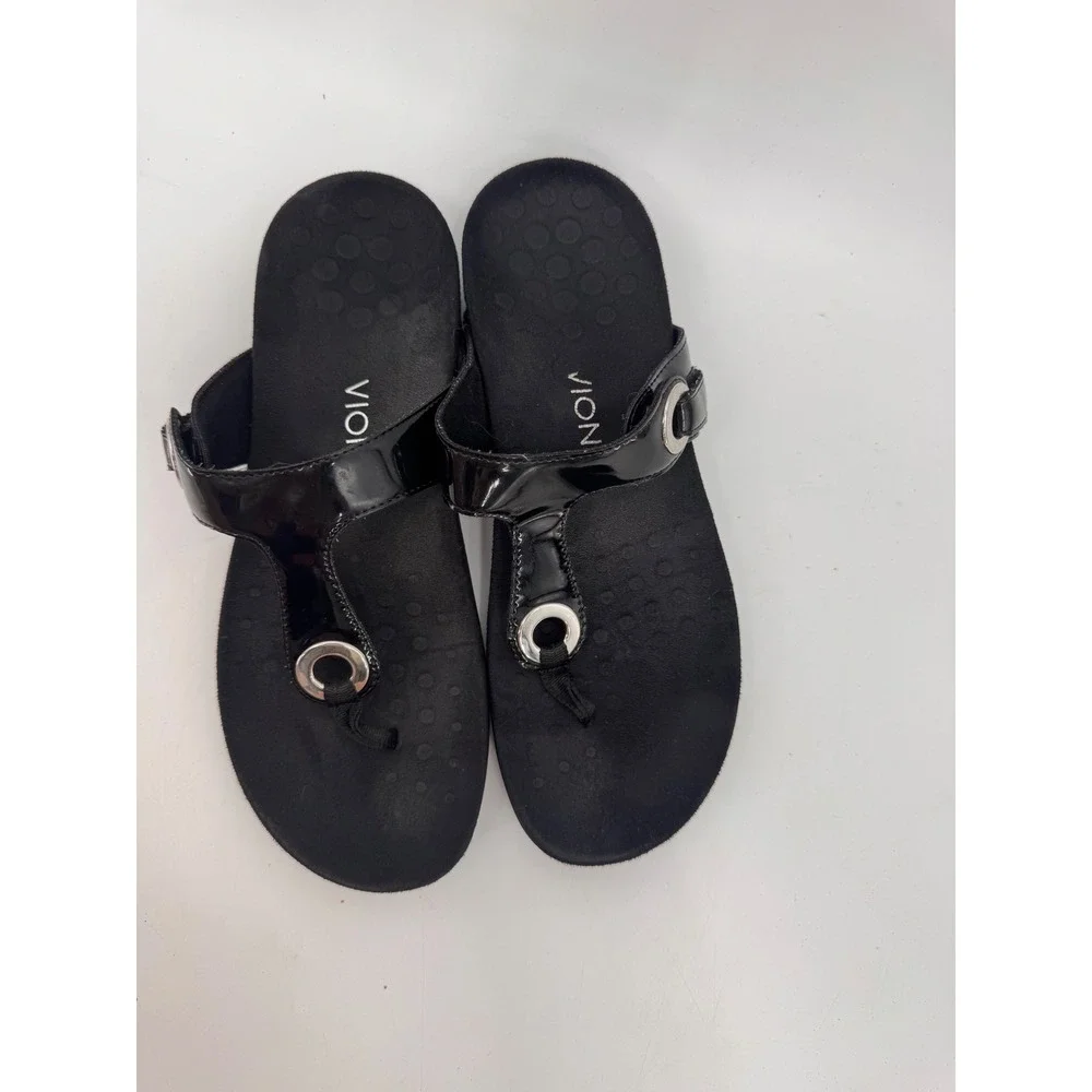 Vionic Lana Sandals Women Size 9 Black Patent Orthopedic Thong Flip Flops